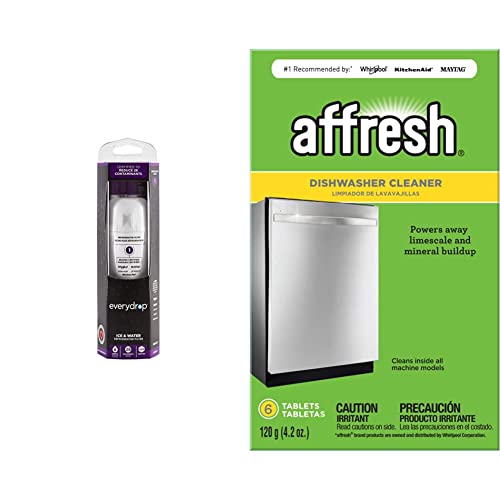 everydrop by Whirlpool Ice and Water Refrigerator Filter 1, EDR1RXD1, Single-Pack, Purple & Affresh Dishwasher Cleaner, Helps Remove Limescale and Odor-Causing Residue, 6 Tablets