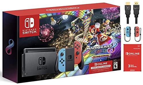 2021 Nintendo Switch Console - Neon Blue and Neon Red Joy-Con, 6.2" Touchscreen LCD Display + Mario Kart 8 Deluxe + 3 Month Switch Online Membership + Hubxcel HDMI Accessories Holiday Bundle (Renewed)